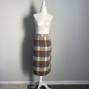 Wool plaid midi pencil skirt